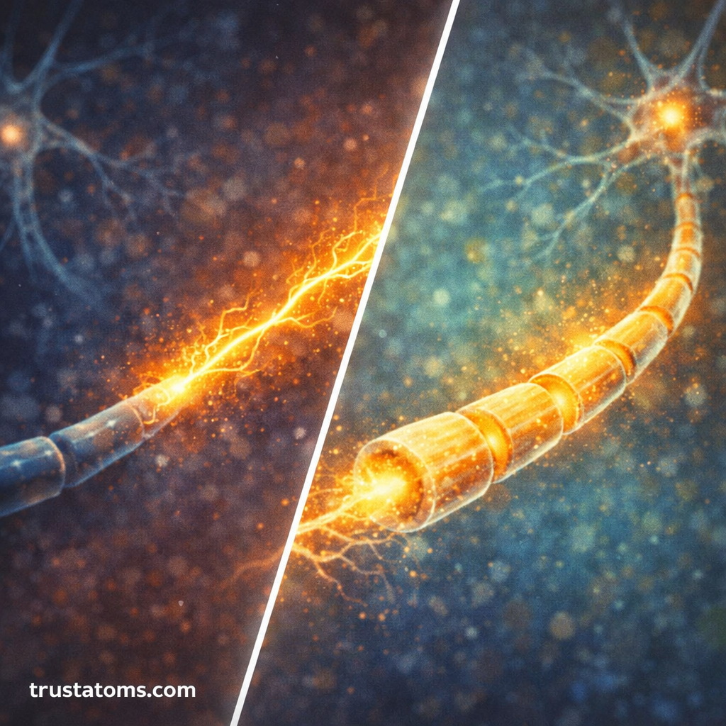 Split illustration comparing unmyelinated and myelinated axons showing slower continuous signal conduction versus faster saltatory conduction.