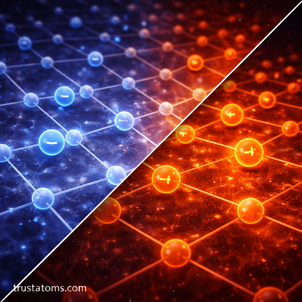 Diagonal split illustration comparing n-type and p-type semiconductor structures with electron and hole carriers, featuring trustatoms.com watermark.