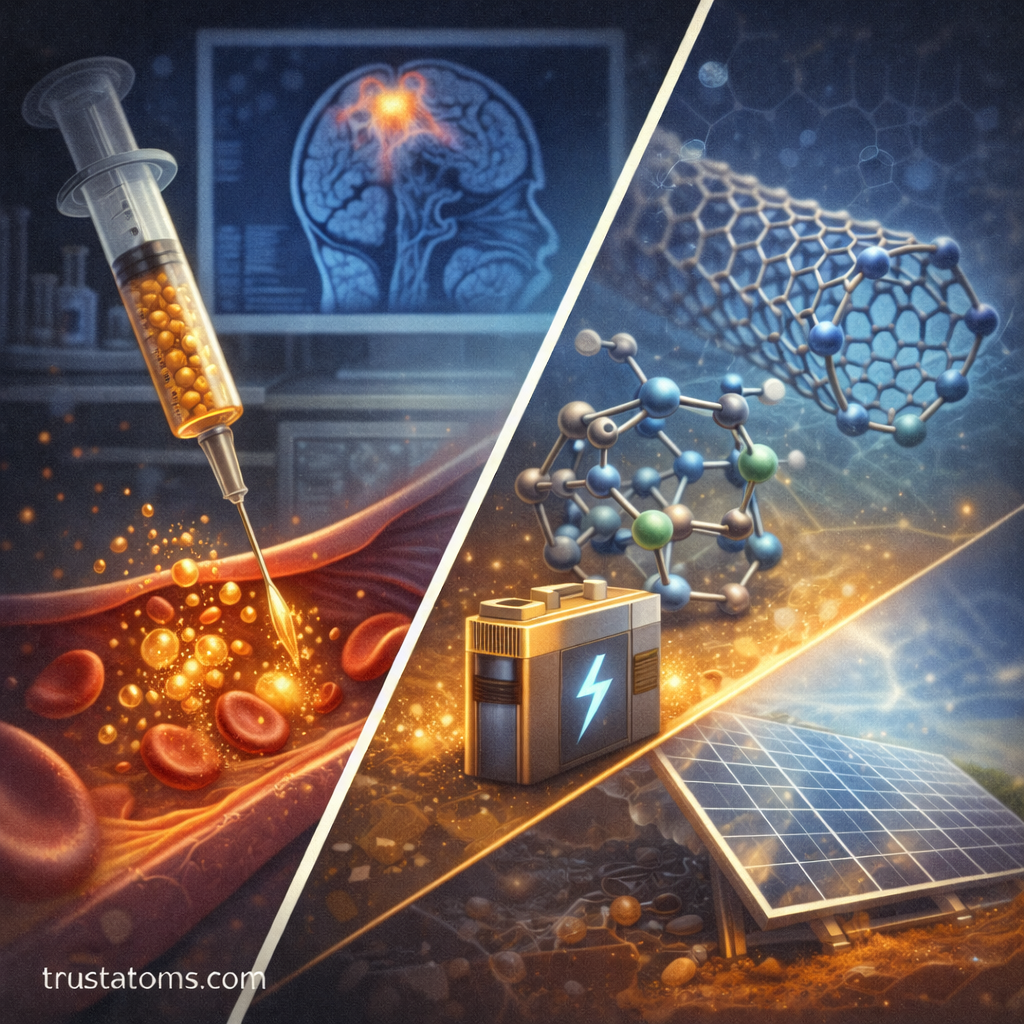 Split illustration showing nanotechnology in medicine with targeted nanoparticles and nanomaterials used in energy systems like batteries and solar panels.