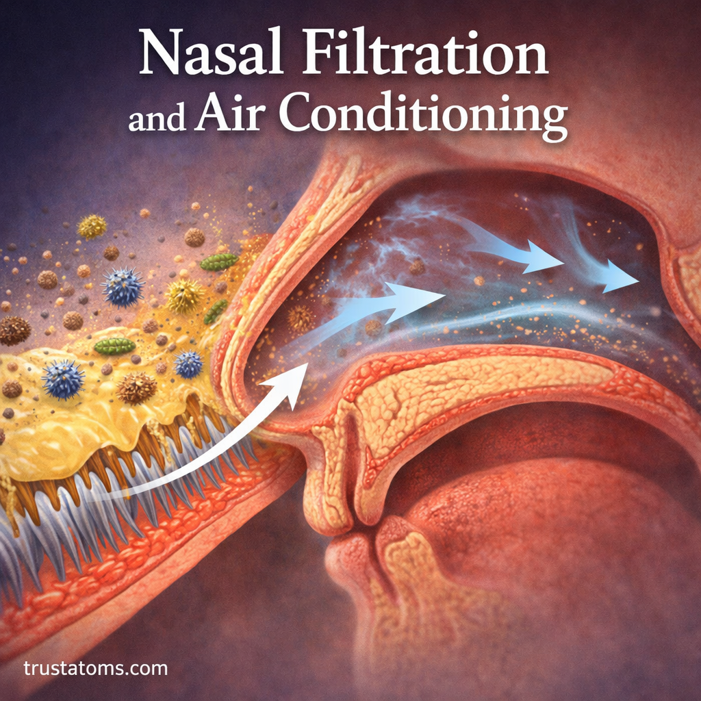 Illustration of the nasal cavity showing how the nose filters particles with mucus and hairs while warming and humidifying incoming air.