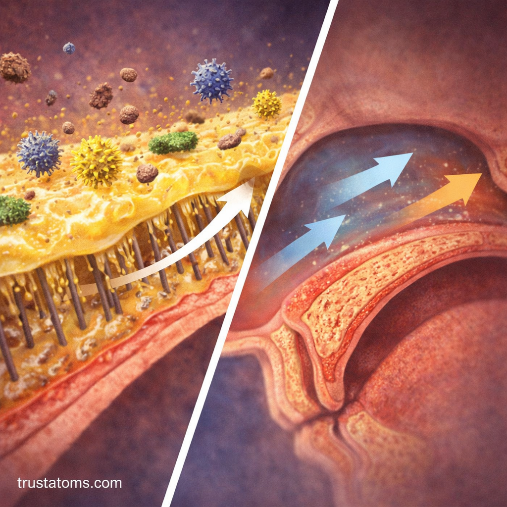 Split illustration showing nasal hairs and mucus trapping particles on one side and airflow being warmed and humidified inside the nasal cavity on the other.