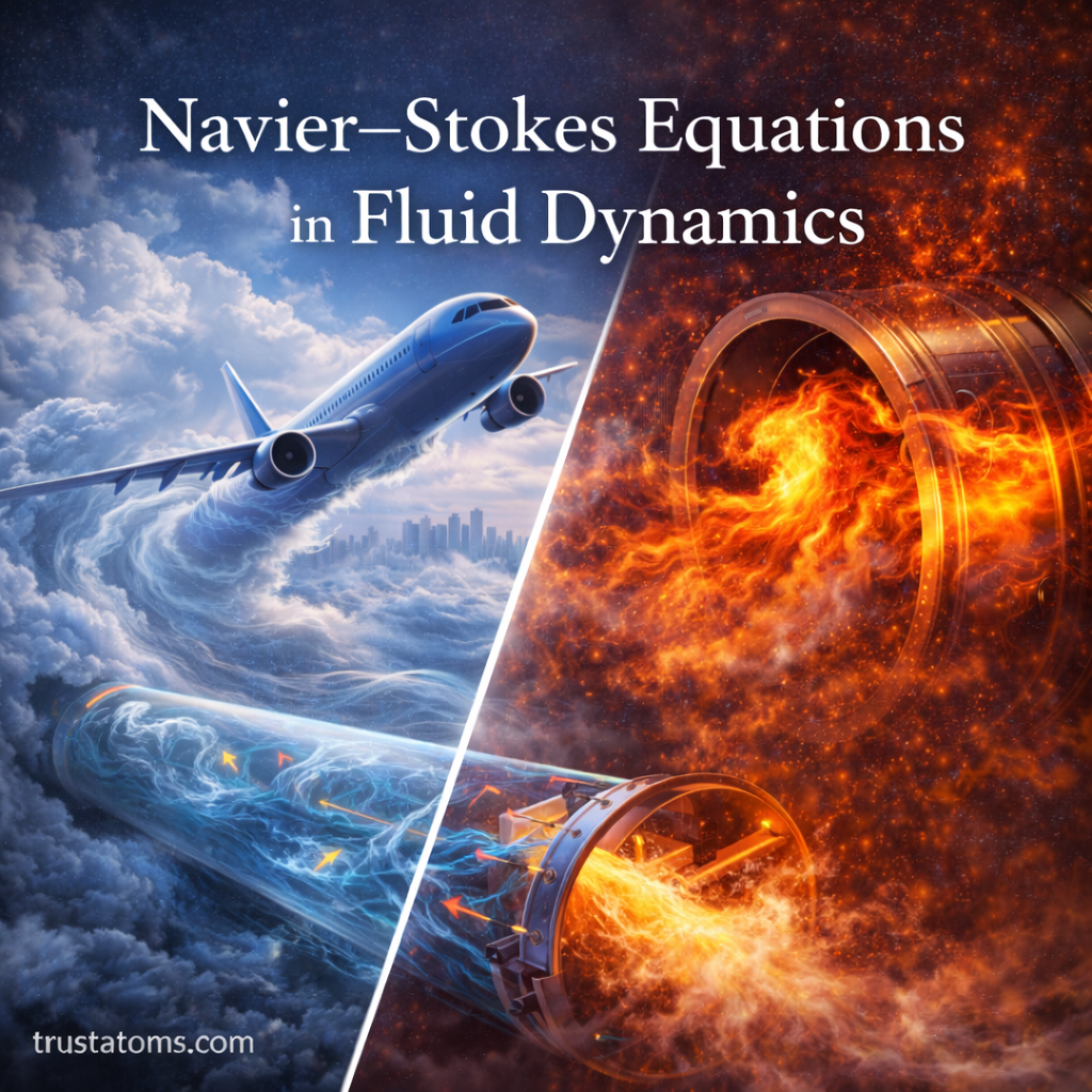 Illustration of Navier–Stokes equations in fluid dynamics showing airflow around an airplane and fluid motion inside industrial pipes.