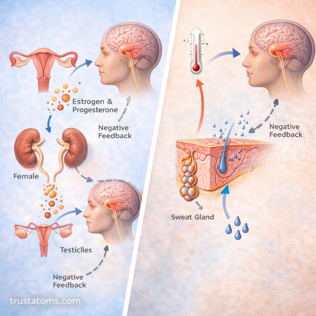 Split diagram showing sex hormone regulation and body temperature control through sweating using negative feedback.