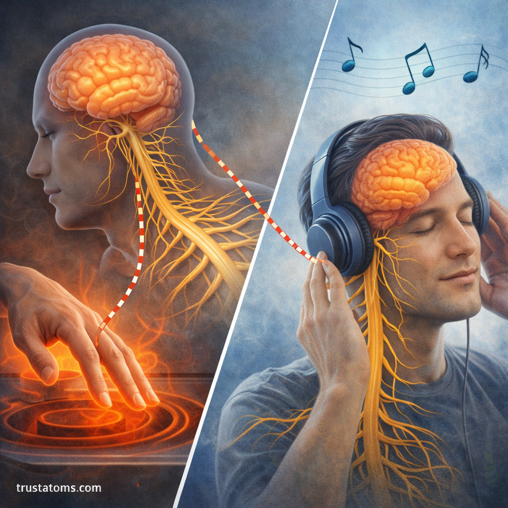 Split illustration showing a hand touching a hot surface triggering nerve signals to the brain on one side and a person listening to music demonstrating sensory processing on the other.