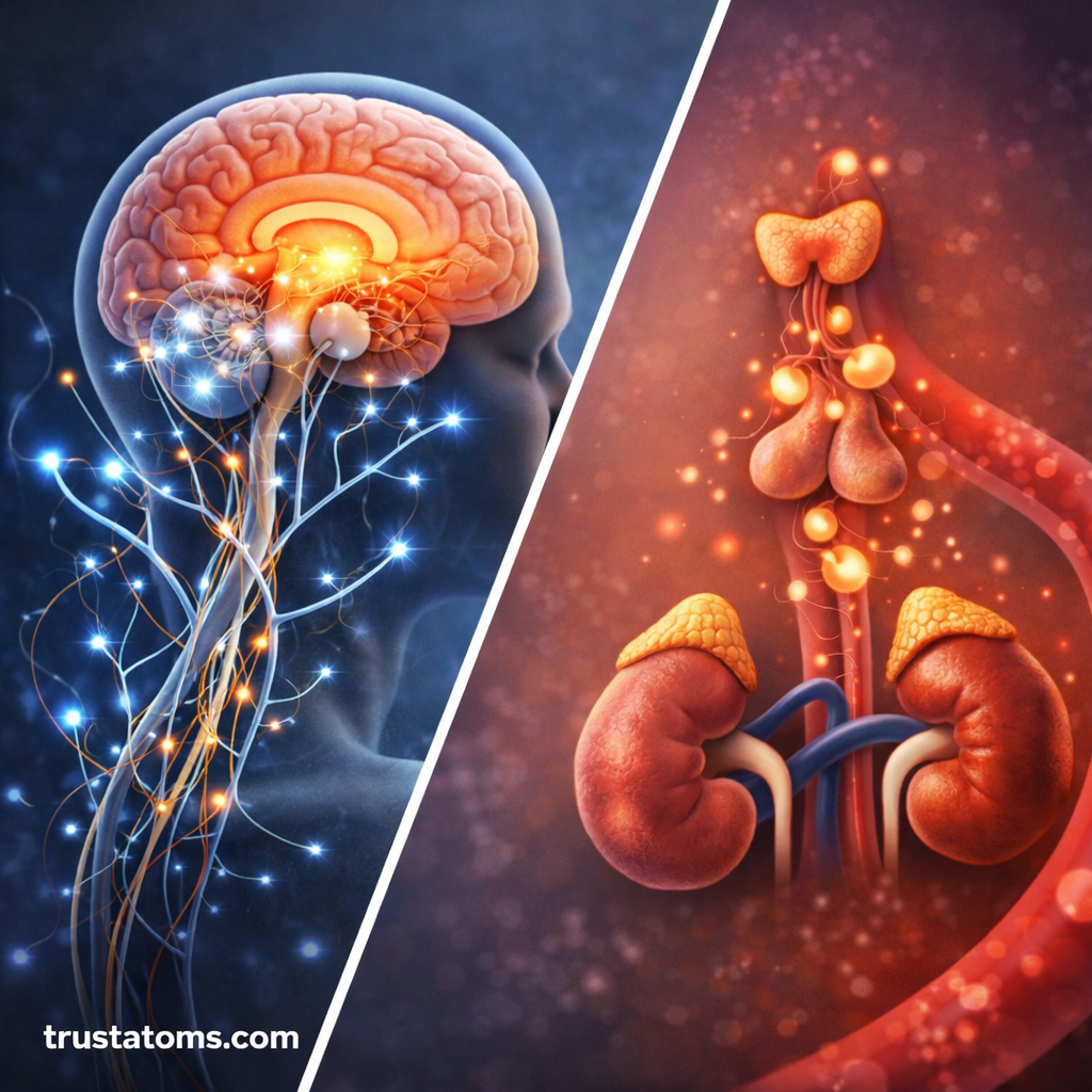 Split illustration comparing nervous system signals with endocrine hormone flow between the brain and glands.