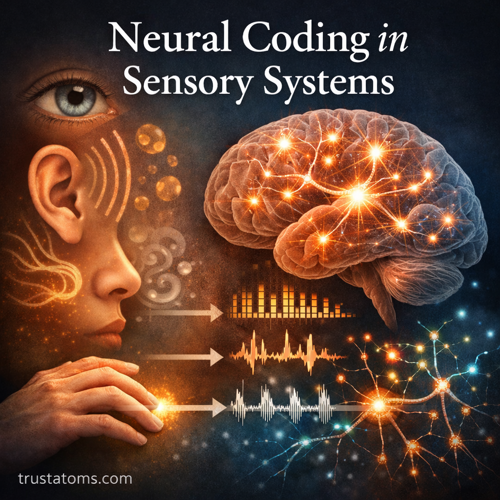 Illustration showing sensory inputs like vision, hearing, smell, and touch being processed by the brain through neural signals.
