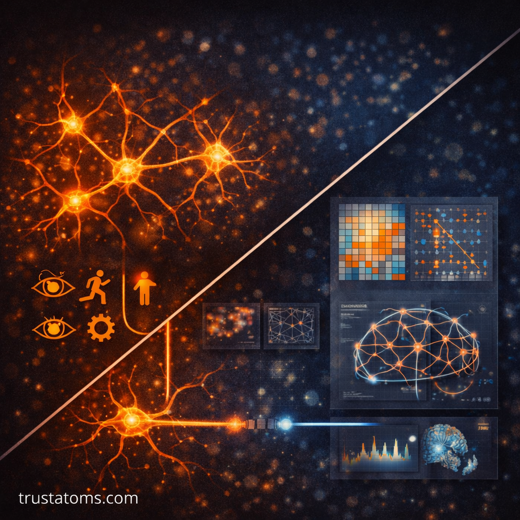 Split illustration showing structural neural connections between neurons on one side and functional brain network activity on the other.