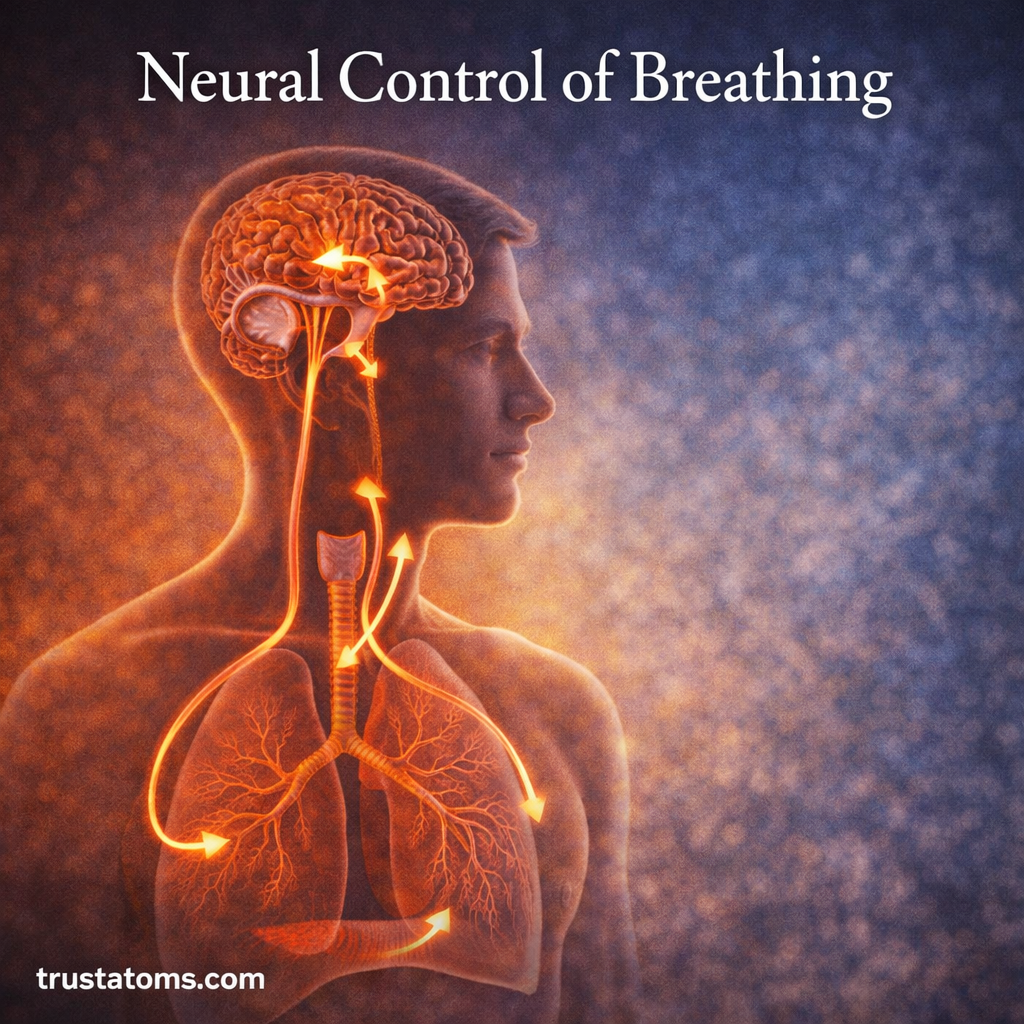 Illustration of neural control of breathing showing brainstem, neural pathways, lungs, and diaphragm regulating respiration.