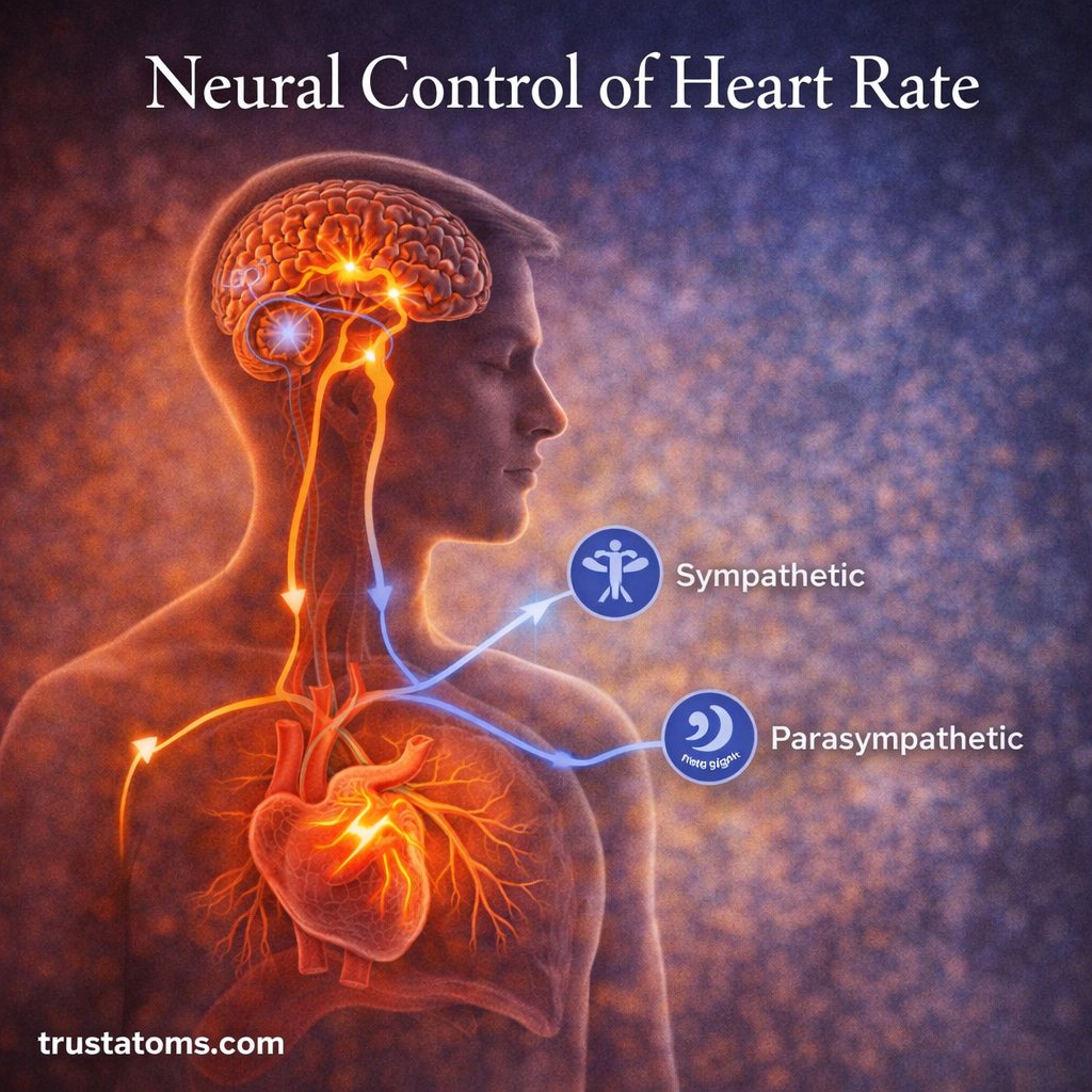 Illustration of neural control of heart rate showing brainstem, autonomic nervous system pathways, and heart activity.