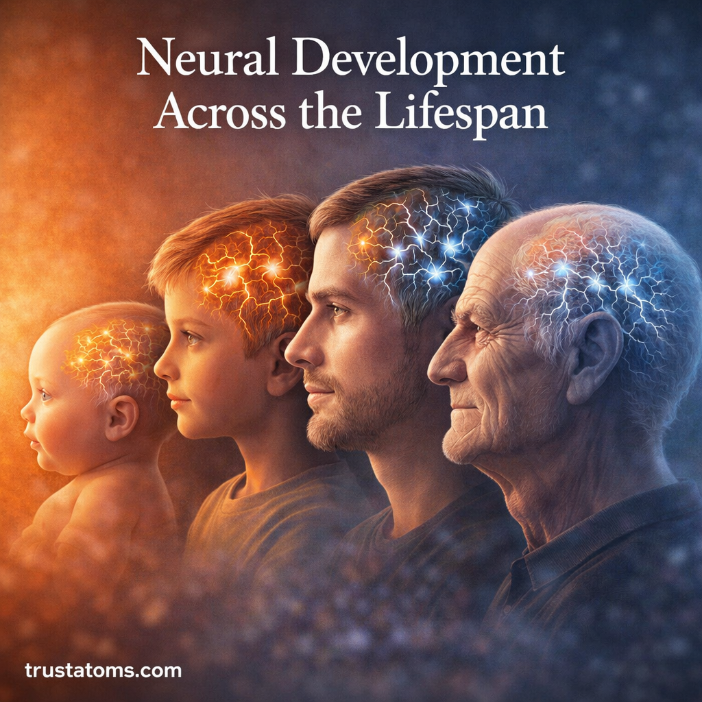 Illustration showing neural development across the lifespan from infancy to old age with evolving brain activity patterns.
