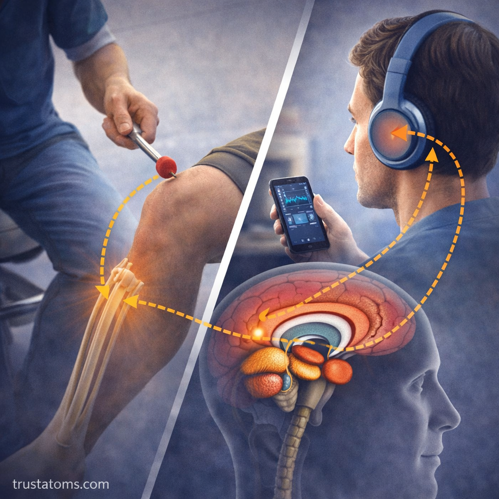 Split illustration showing a knee reflex test and a person listening to music, demonstrating neural feedback loops in sensory and motor processing.