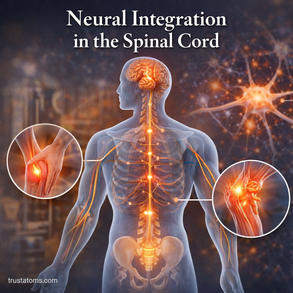 Split diagram showing a reflex arc pulling a hand away from heat and neural pathways communicating between the spinal cord and brain.