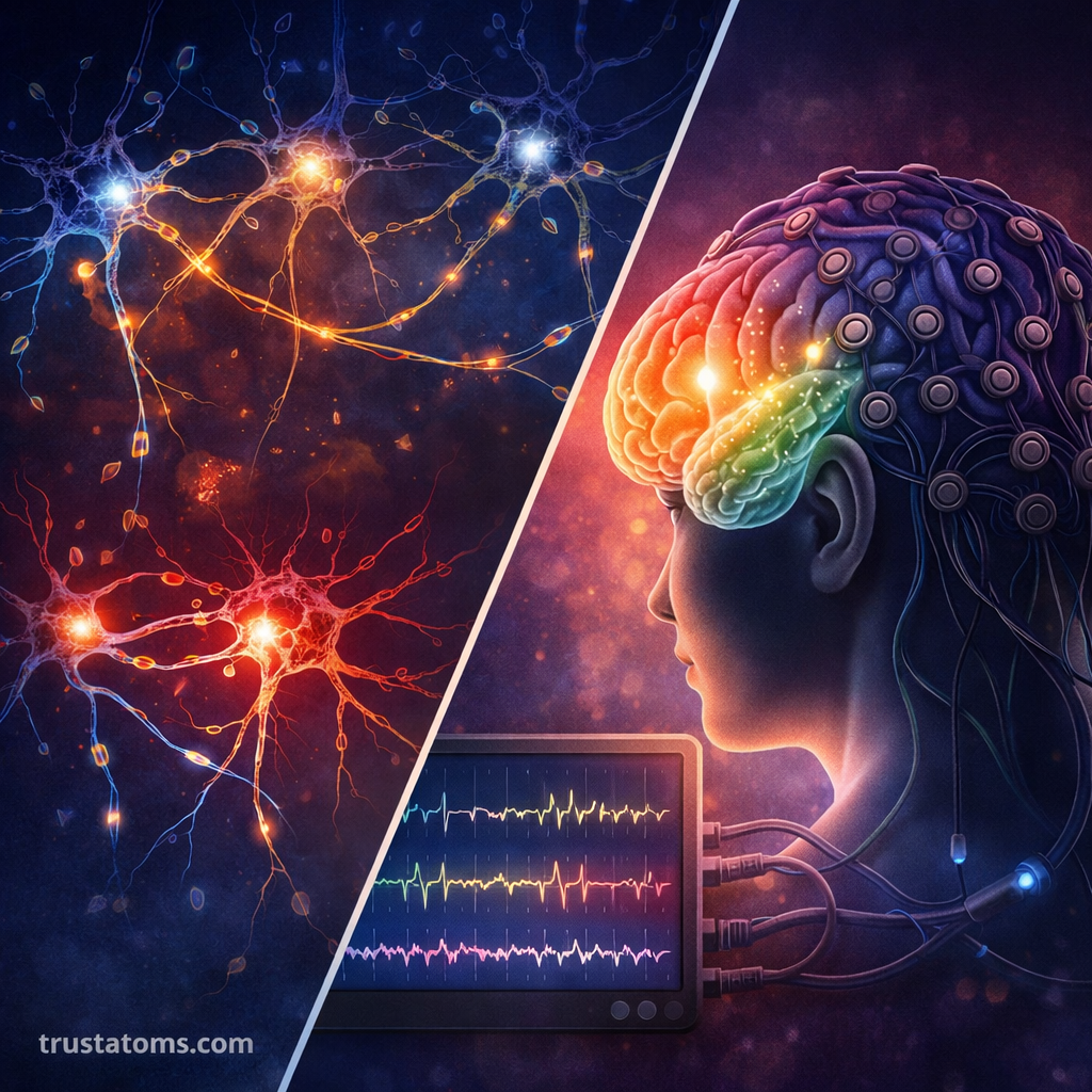 Split illustration showing neuron communication with electrical signals and a person wearing an EEG cap displaying brain wave activity.