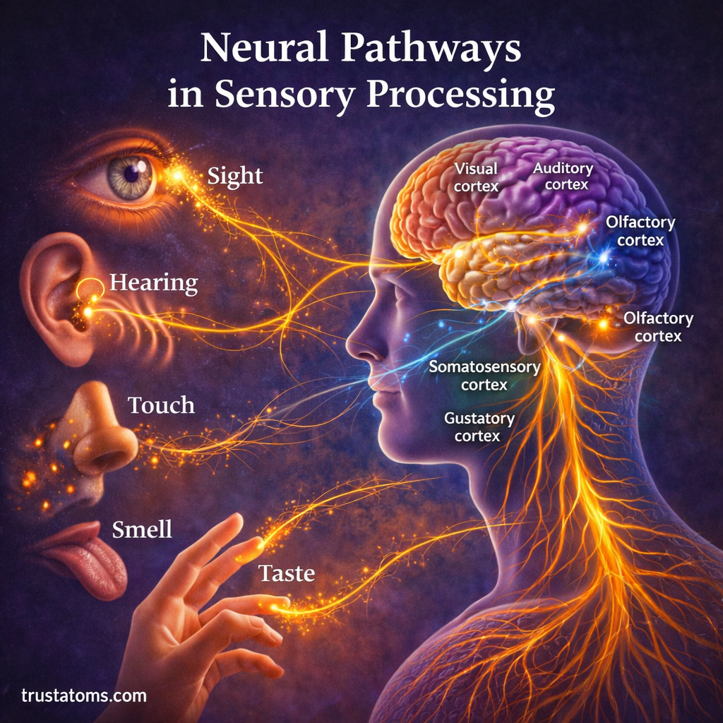 Educational illustration showing sensory organs connected to the brain through neural pathways highlighting the visual, auditory, olfactory, gustatory, and somatosensory cortices.