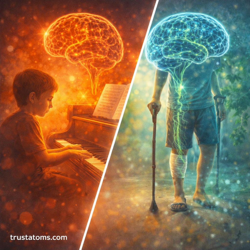 Split illustration showing neural plasticity through learning a musical skill and brain adaptation during injury recovery.