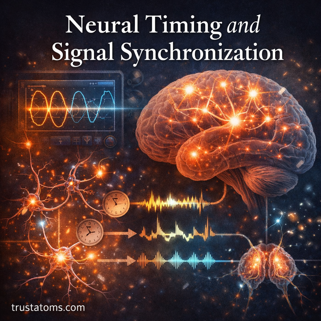 Illustration of brain activity showing synchronized neural signals and timing patterns with waveforms and connected neurons.