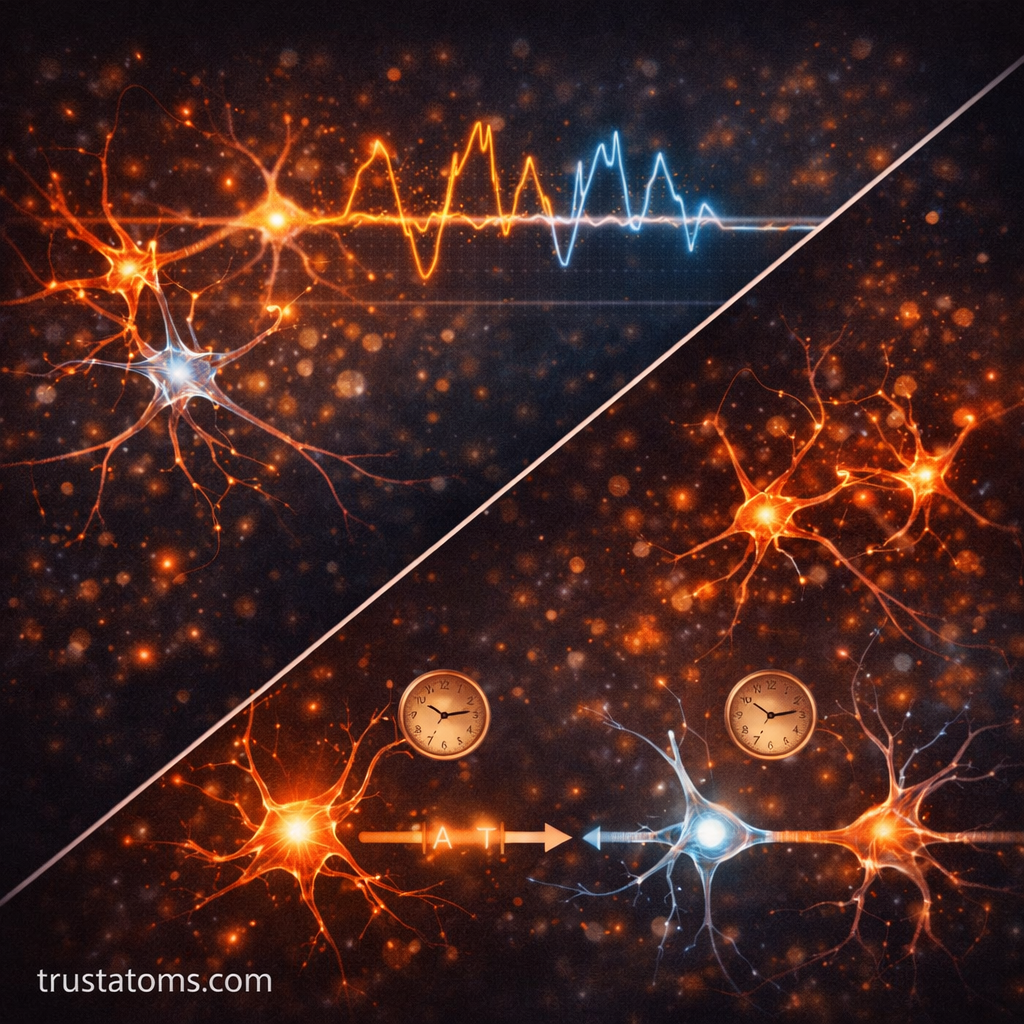 Split illustration showing synchronized neural activity with brainwave patterns and spike timing-dependent plasticity between connected neurons.
