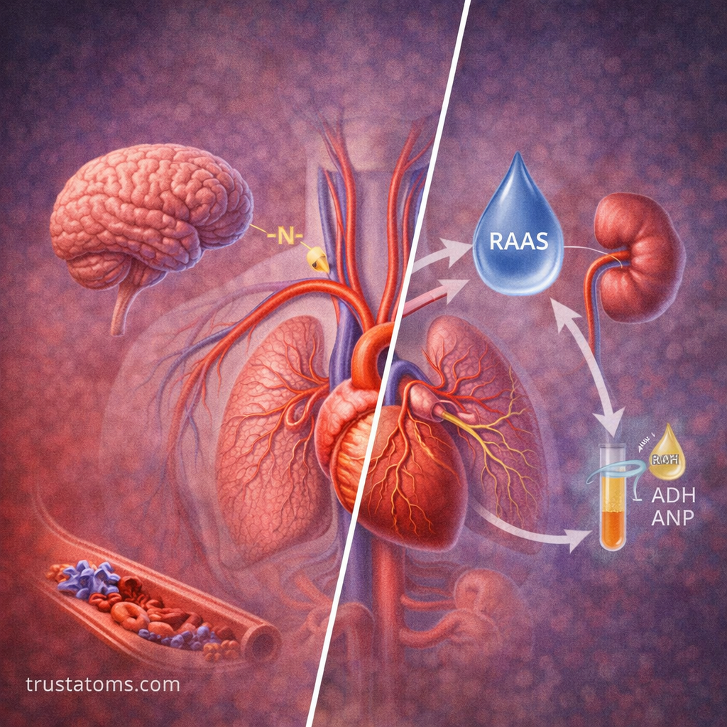 Split diagram showing neural control of blood pressure on one side and hormonal regulation by kidneys and hormones on the other.