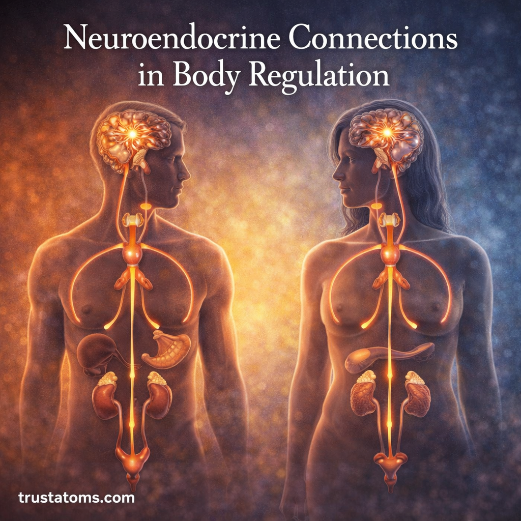 Illustration of neuroendocrine system showing brain, hypothalamus, pituitary gland, and endocrine organs coordinating body regulation.