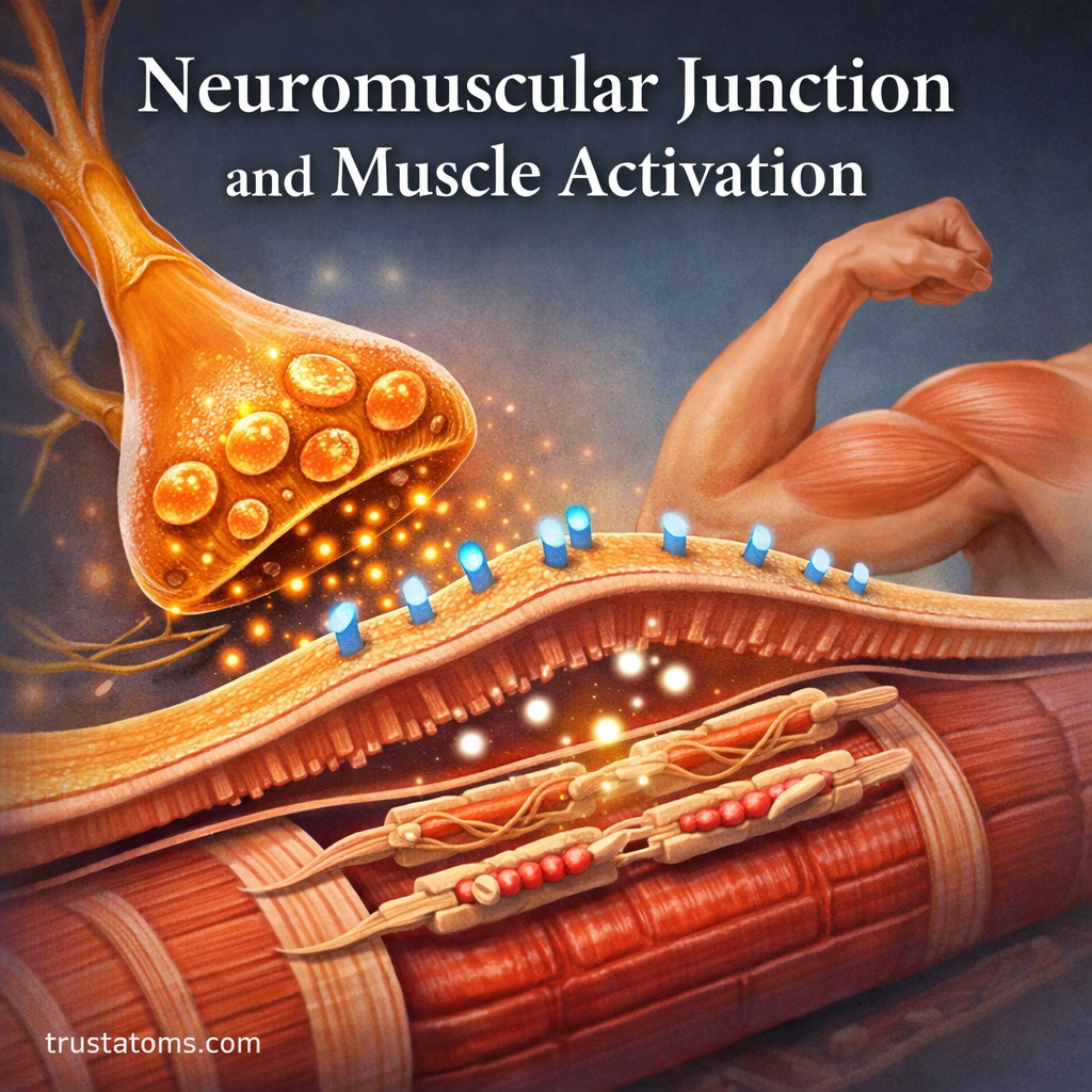 Illustration of the neuromuscular junction showing a motor neuron releasing neurotransmitters to activate a muscle fiber.