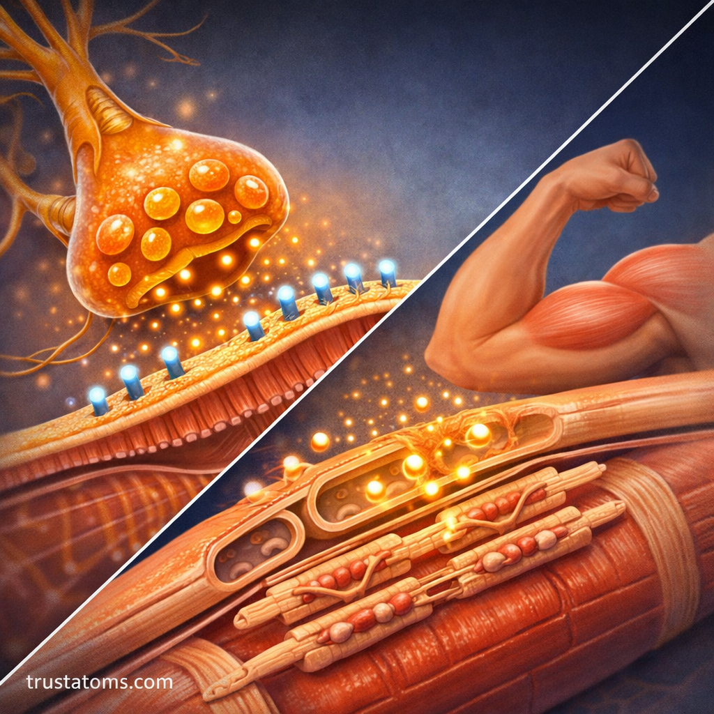 Split illustration showing a motor neuron releasing neurotransmitters and a muscle fiber contracting through calcium-driven activation.