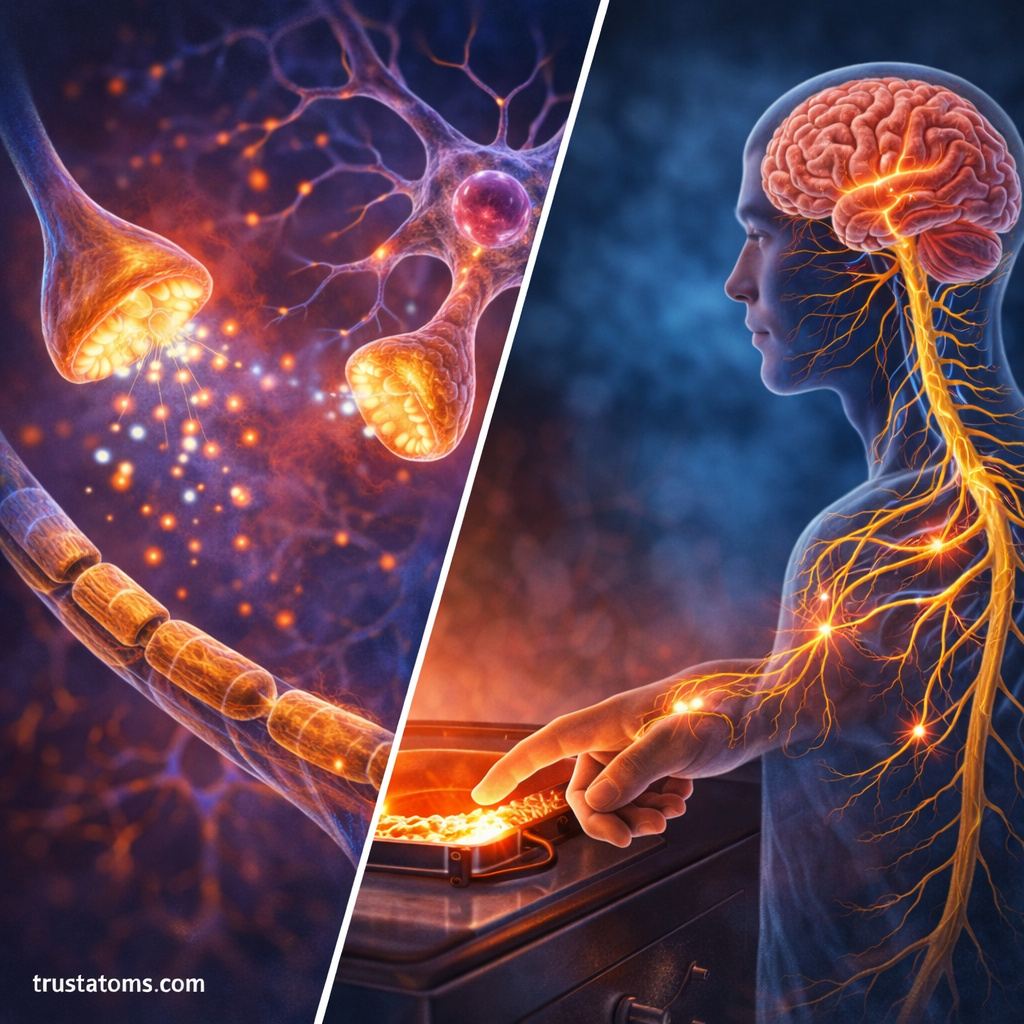 Split educational illustration showing neuron signal transmission on one side and a brain sending nerve signals to a muscle and hand movement on the other.