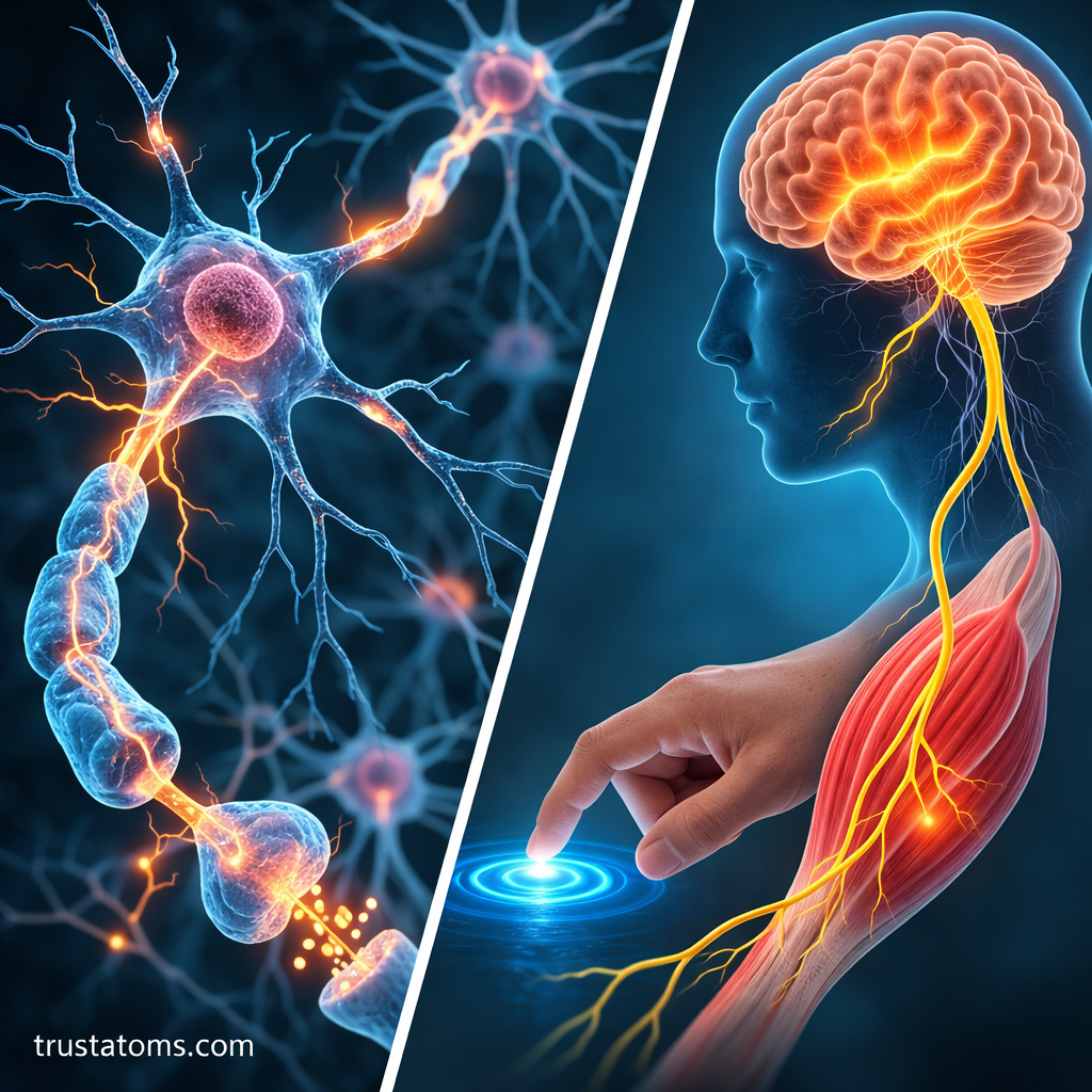 Split educational illustration showing neuron signal transmission on one side and a brain sending nerve signals to a muscle and hand movement on the other.