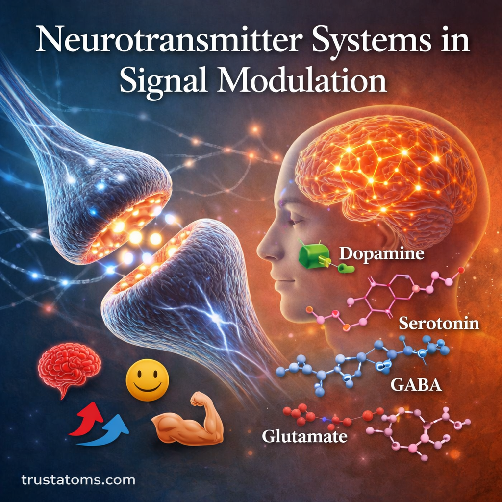 Illustration of neurons communicating across a synapse representing neurotransmitter systems involved in signal modulation in the human brain.