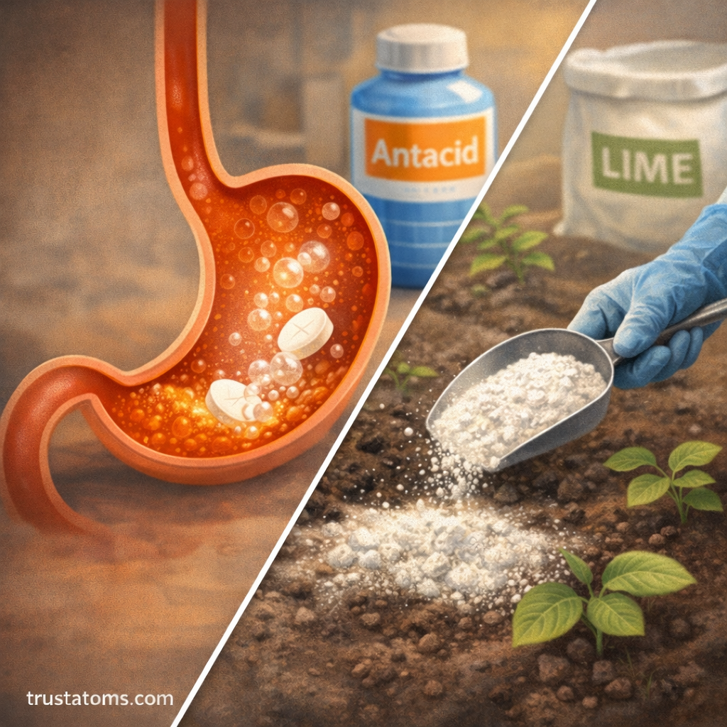 Illustration showing neutralization reactions in everyday life, including antacids neutralizing stomach acid and lime reducing soil acidity in agriculture.