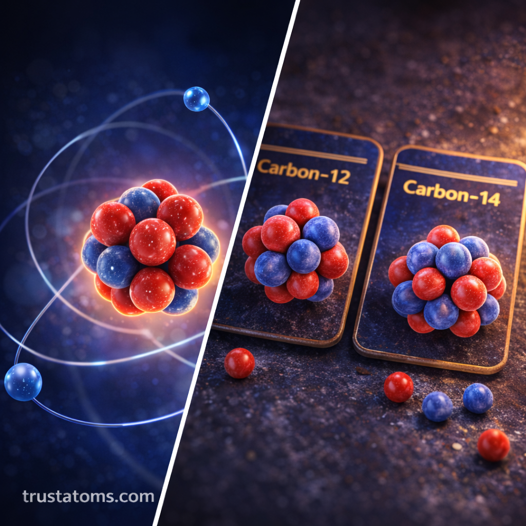 Split illustration showing an atomic nucleus with neutrons and protons alongside examples of carbon isotopes with different neutron counts.