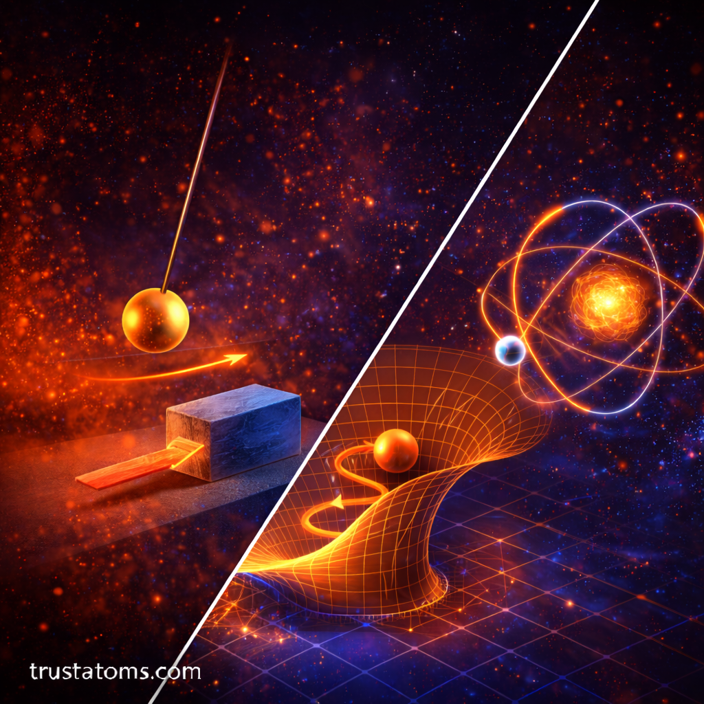 Diagonal split illustration comparing Newtonian mechanics and Hamiltonian phase space representation, featuring trustatoms.com watermark.
