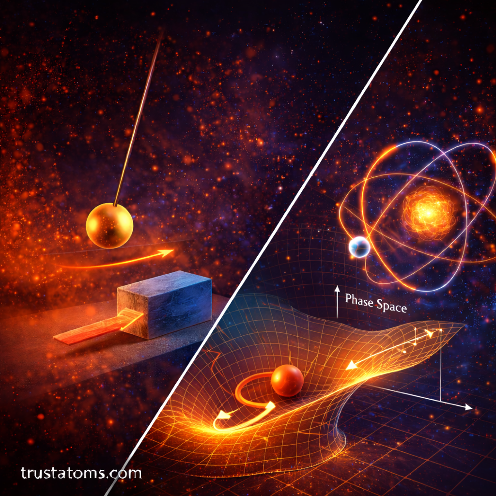 Diagonal split illustration comparing Newtonian force-based motion and Lagrangian energy-based motion in phase space, featuring trustatoms.com watermark.