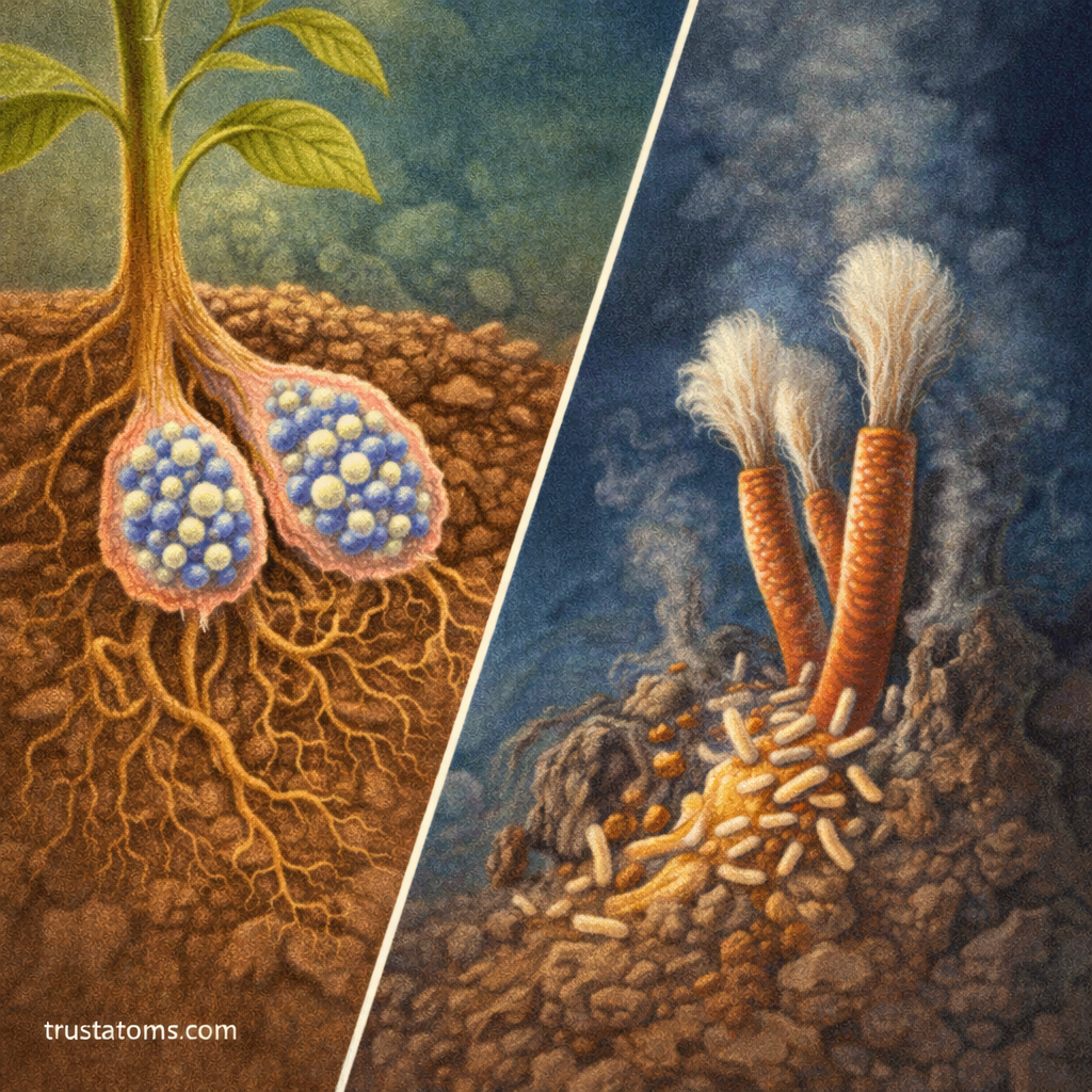 Split illustration showing nitrogen-fixing bacteria in plant root nodules on one side and deep-sea tube worms with symbiotic bacteria near hydrothermal vents on the other.