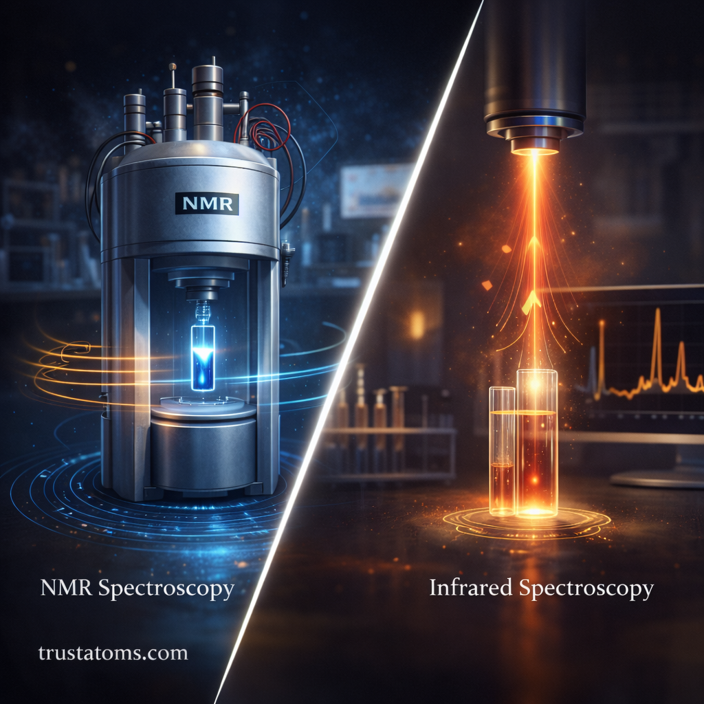 Split illustration showing nuclear magnetic resonance spectroscopy and infrared spectroscopy used to analyze molecular structures.
