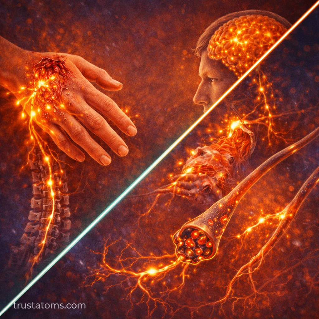 Diagram showing nociceptors detecting injury in the skin and transmitting pain signals through nerves to the spinal cord and brain.