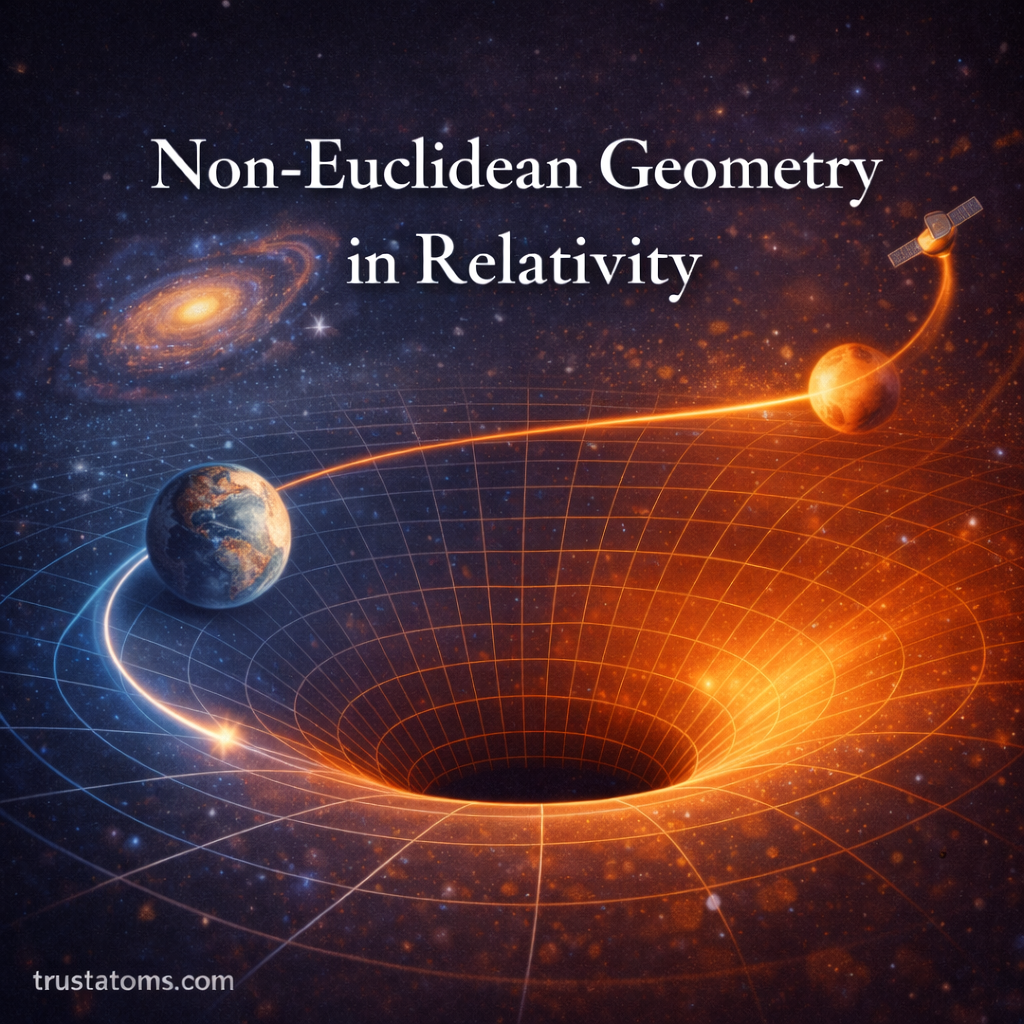 Illustration of non-Euclidean geometry in relativity showing curved spacetime grid around a massive object with planets and light bending, trustatoms.com watermark.