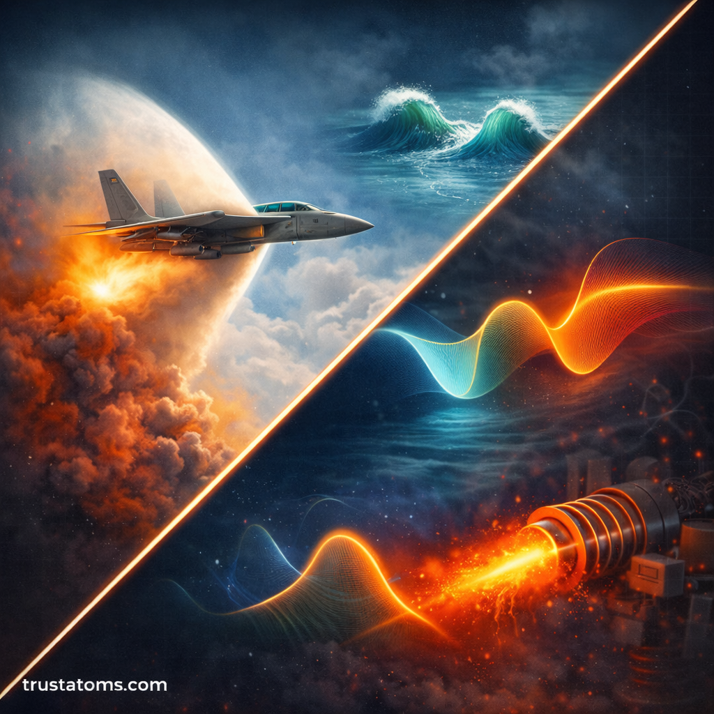 Split illustration showing a supersonic jet creating a shockwave on one side and nonlinear wave patterns with solitons and energy pulses on the other, with trustatoms.com watermark.