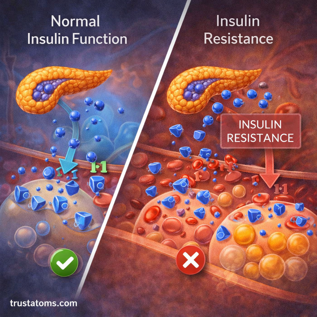 Split diagram comparing normal insulin function with insulin resistance, showing glucose entering cells versus remaining in the bloodstream.