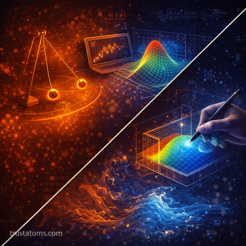 Diagonal split illustration showing a pendulum and laptop graph on one side and a 3D surface simulation with fluid flow on the other, representing analytical and numerical modeling in physics.