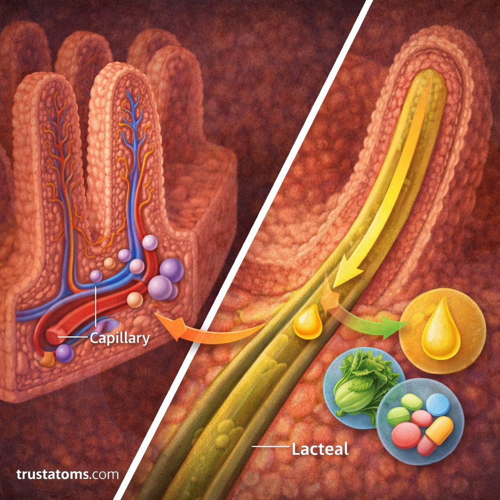 Split diagram showing nutrients entering blood capillaries versus fats entering lacteals in the lymphatic system.