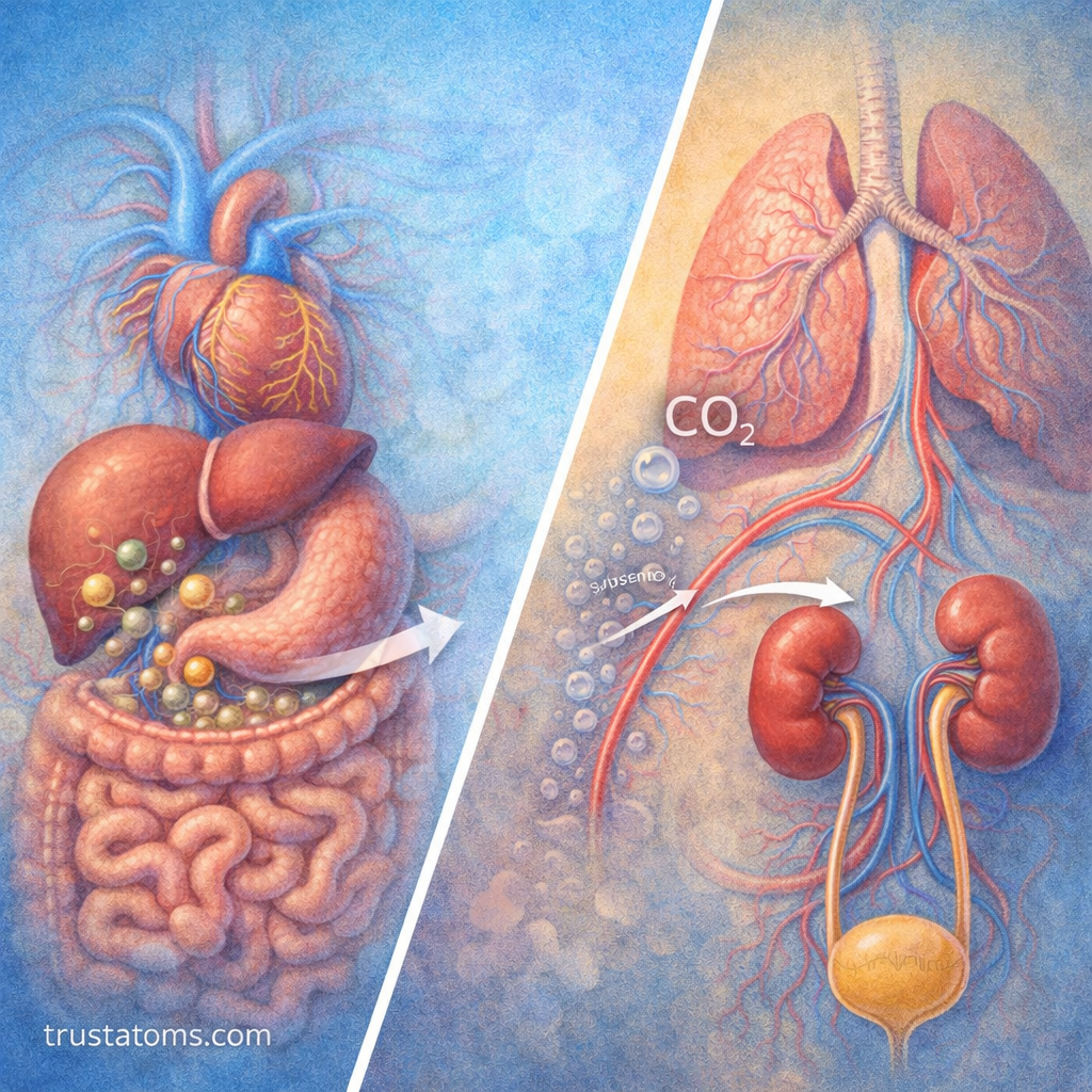 Split illustration showing nutrient absorption from the digestive system and waste removal through lungs and kidneys.