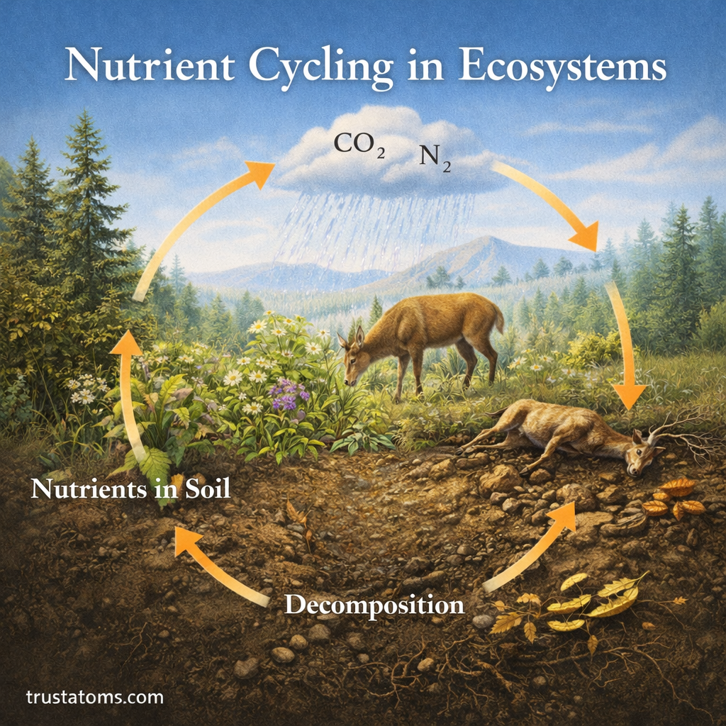 Educational ecosystem diagram illustrating nutrient cycling between plants, animals, soil nutrients, and decomposers in a natural environment.