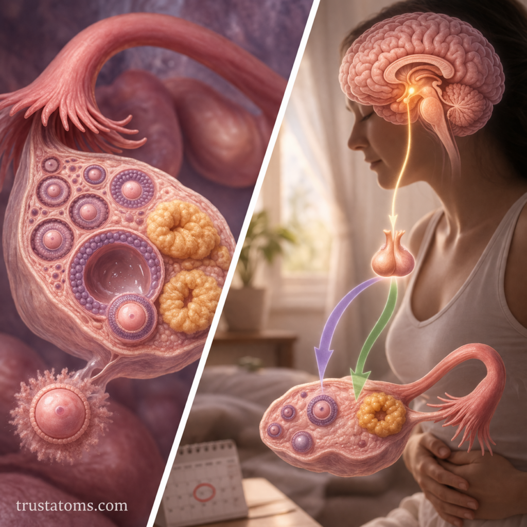 Split diagram showing stages of oogenesis and structure of a mature egg cell including nucleus and zona pellucida.