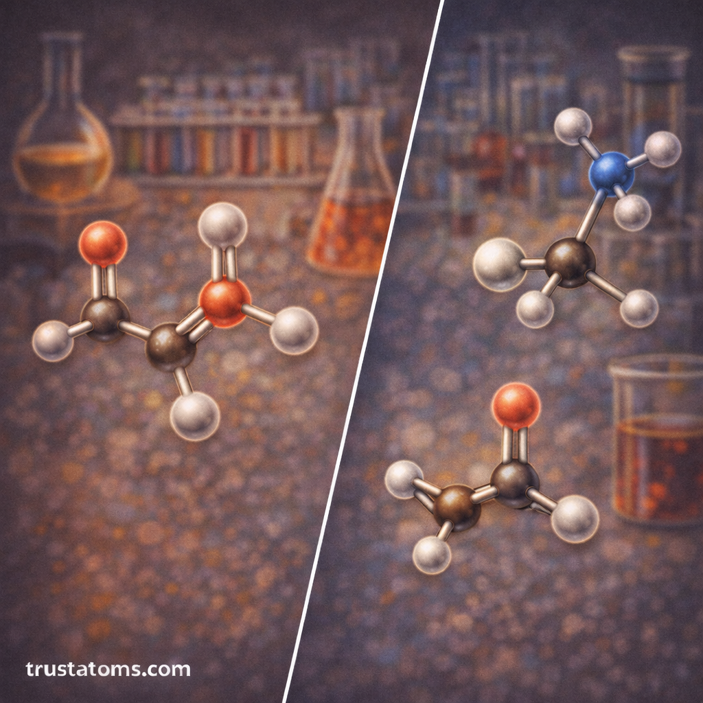 Split illustration showing examples of organic functional groups including alcohols, carboxylic acids, amines, and ketones represented with simple molecular models.