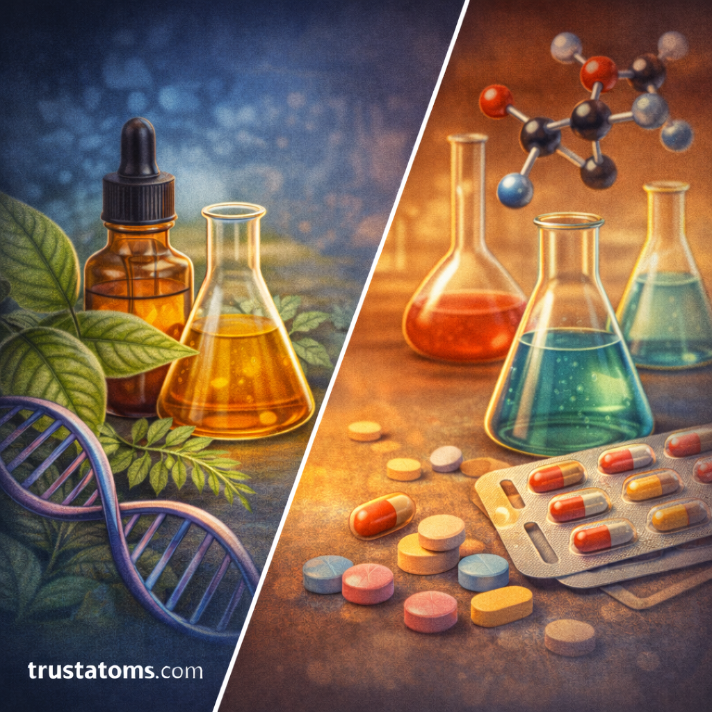 Split illustration comparing natural organic chemistry from plants and DNA with synthetic organic chemistry in laboratories producing medicines and chemicals.