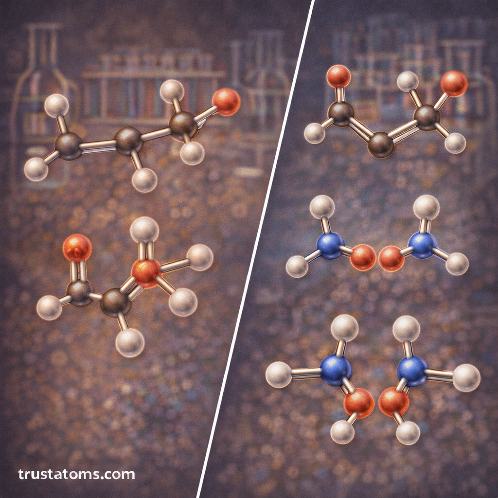 Split illustration comparing structural isomers and stereoisomers in organic chemistry with different molecular arrangements.