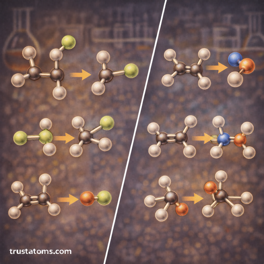 Split illustration showing different organic reaction mechanisms including substitution, elimination, addition, and rearrangement reactions.