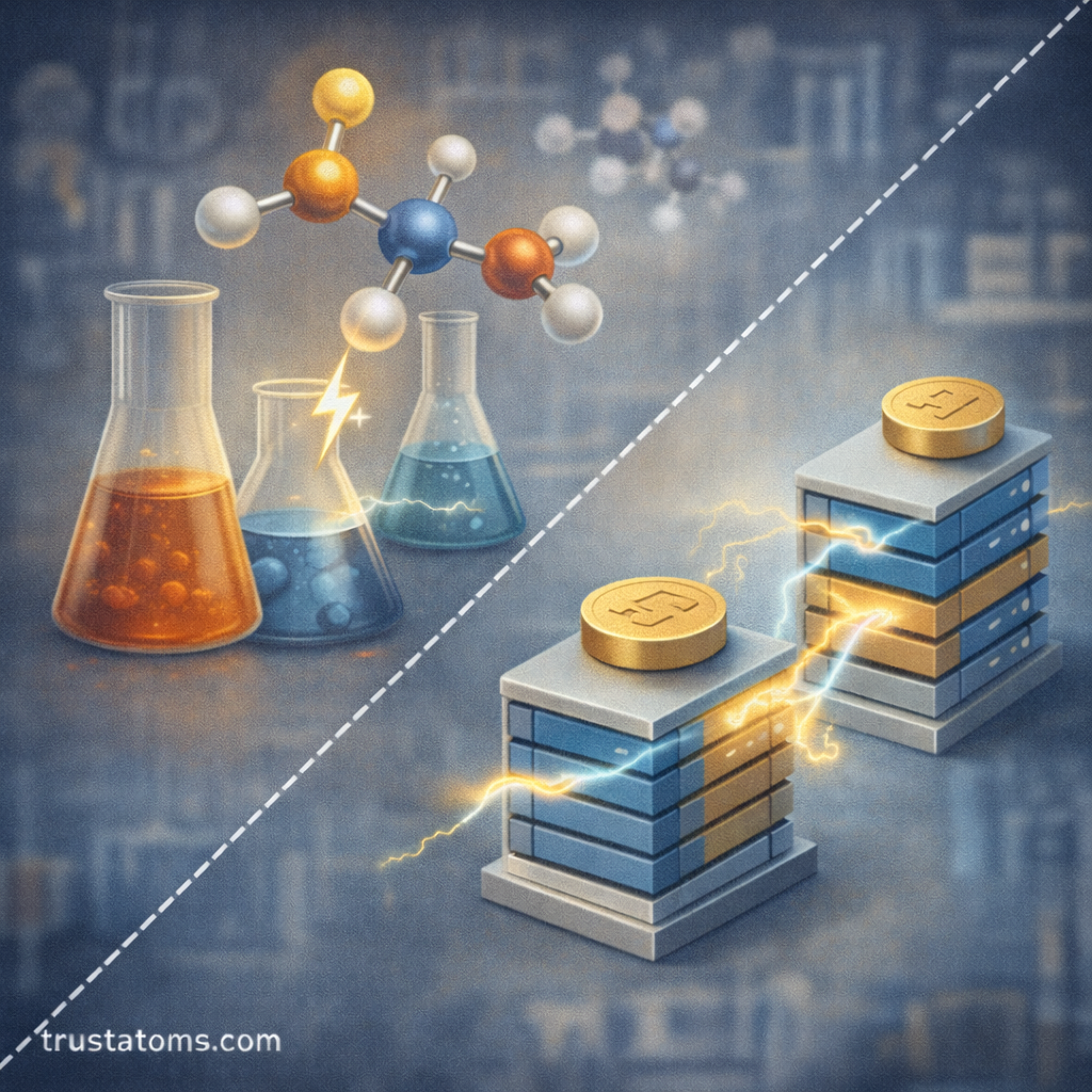 Illustration showing organic redox molecules and advanced battery stacks representing modern chemical energy storage technologies.