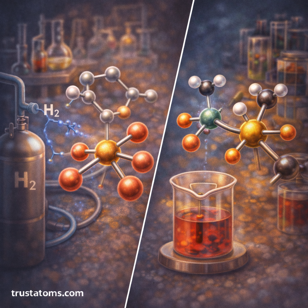 Split illustration showing organometallic catalysts used in hydrogenation reactions and carbon–carbon coupling reactions in laboratory chemistry.