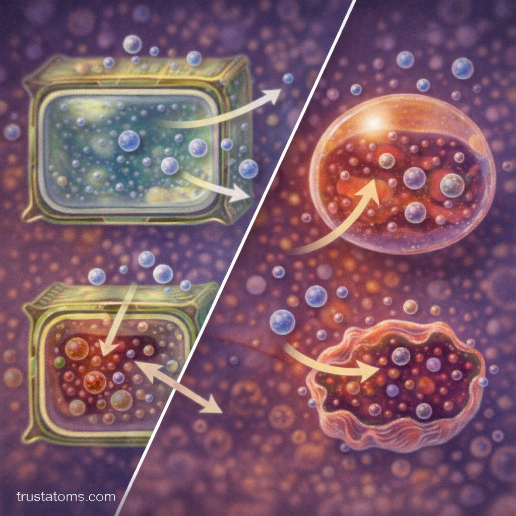 Split illustration showing osmosis in plant cells with turgor pressure and in animal cells showing swelling and shrinking.